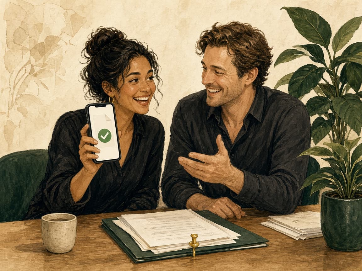 Two people sharing a BizFacts report on a phone before going further on a deal